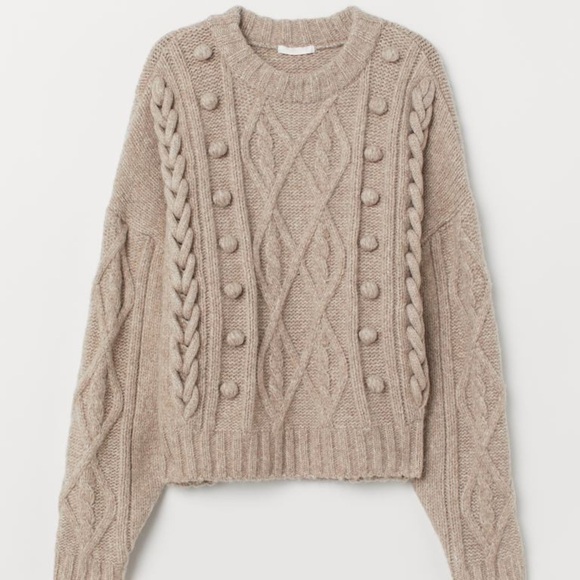 H&M Cable Knit Pom Sweater Crewneck Tan Brown - Picture 8 of 8